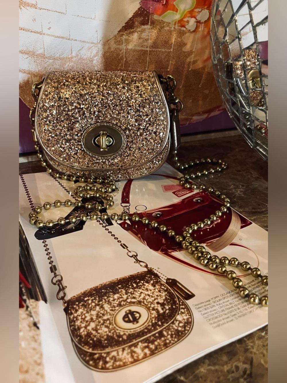 COACH Poppy Sparkle Leather Crossbody Gold Glitter Mini Bag Style No 43292
